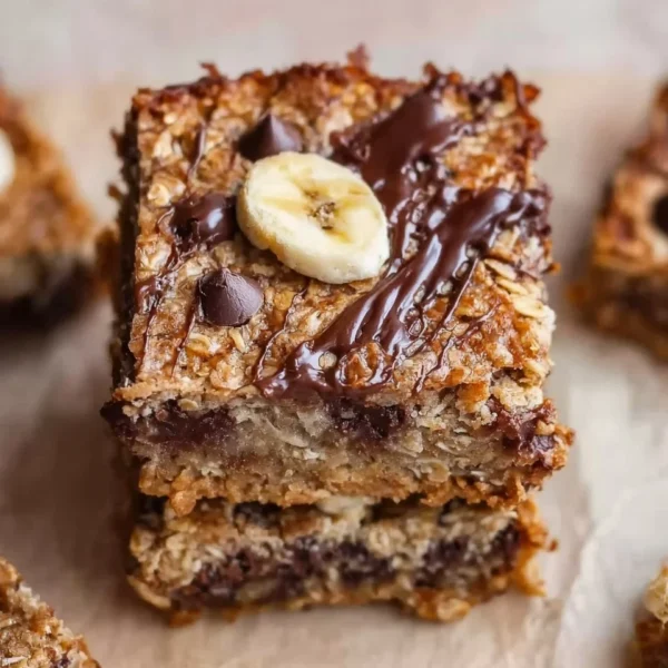Homemade banana oatmeal bars on a wooden table with ingredients