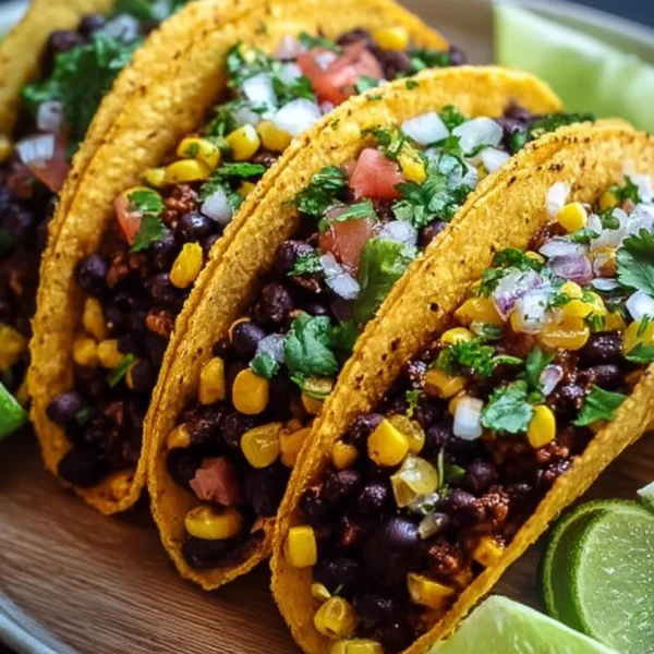 Delicious black bean corn vegetarian tacos served on a plate