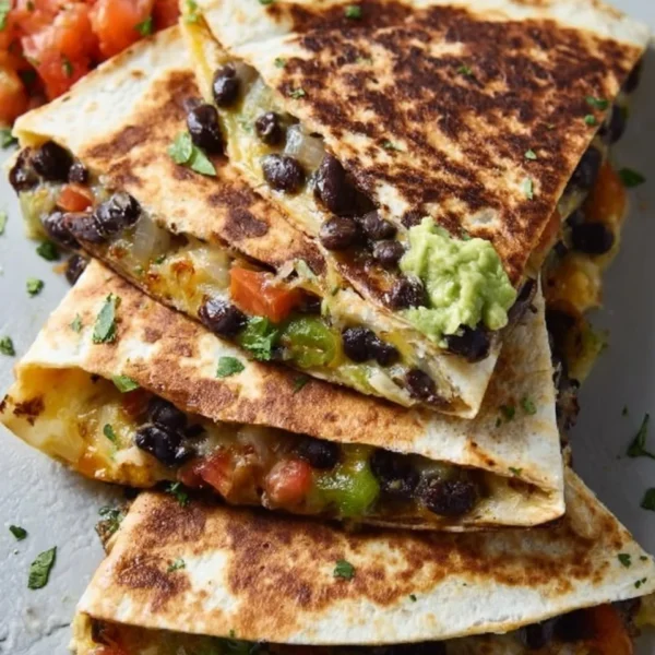 Delicious black bean veggie quesadilla filled with colorful vegetables.