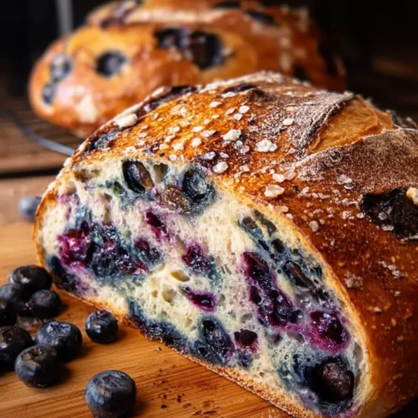 Homemade blueberry lemon cream cheese sourdough bread on a wooden cutting board