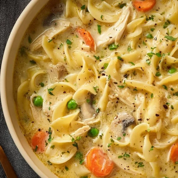 Bowl of creamy chicken noodle soup with herbs and vegetables