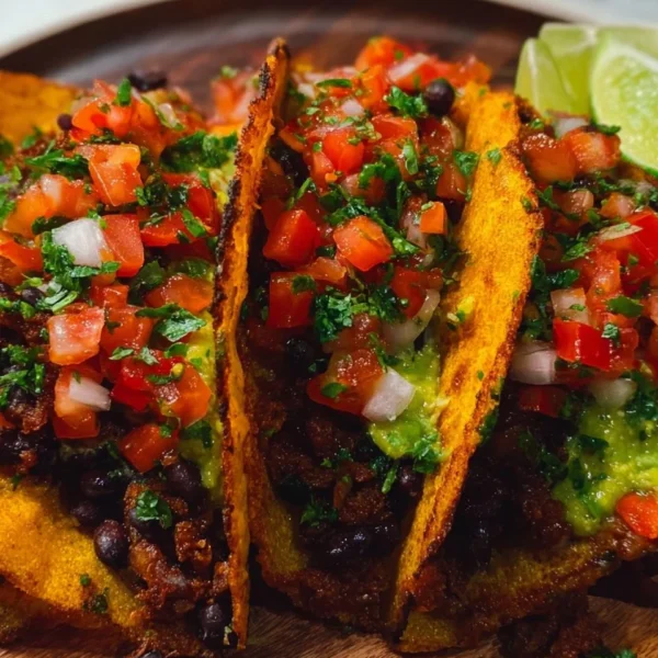 Plate of crispy black bean tacos topped with fresh ingredients