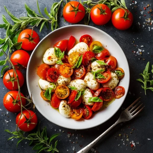 Delicious Caprese salad with cherry tomatoes, mozzarella, and basil drizzled with balsamic glaze