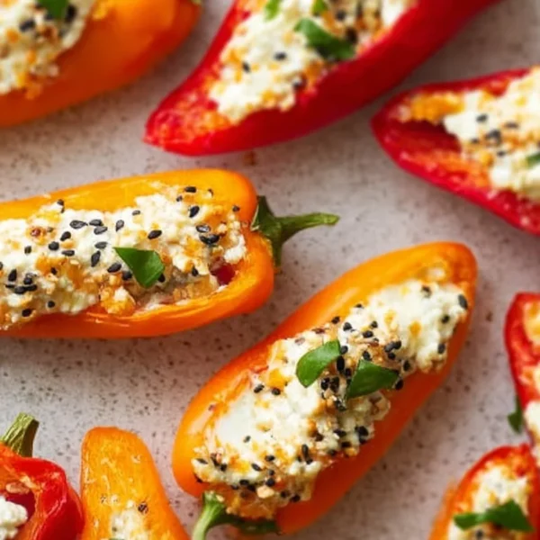 Easy cheese stuffed peppers with everything bagel seasoning on a platter