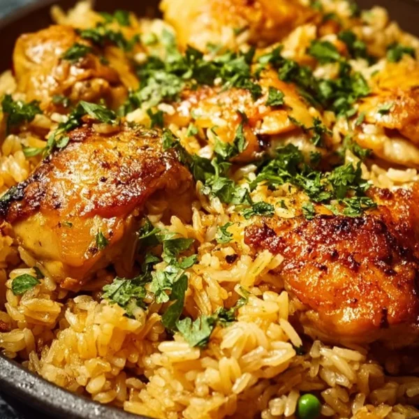Delicious plate of forgotten chicken and rice with herbs and spices