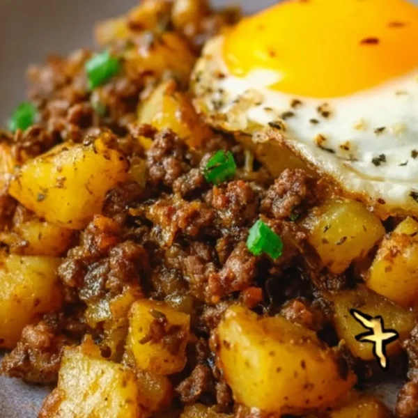 Delicious hamburger hash served in a skillet with beef and veggies