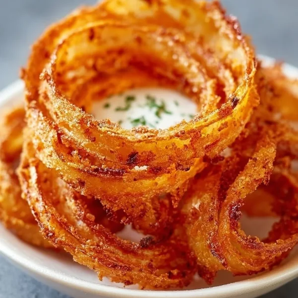 A bowl of crispy onion ring chips for snacking and enjoying with dips.