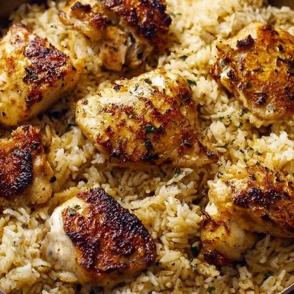Oven baked chicken served with rice in a delicious hearty dish