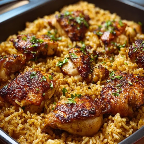 Oven baked chicken served with rice in a delicious and healthy meal.