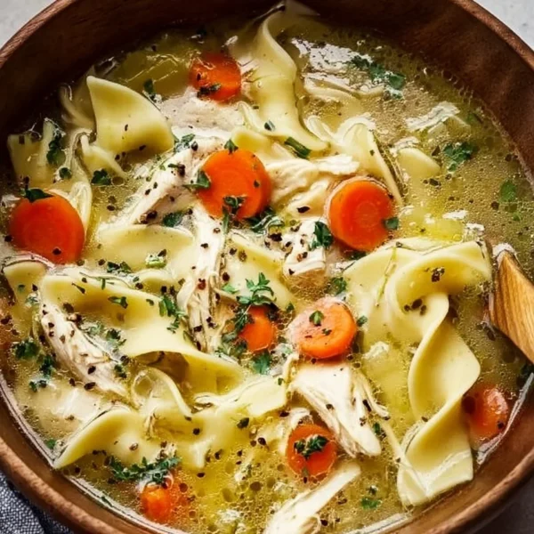 Bowl of quick and easy chicken noodle soup with vegetables