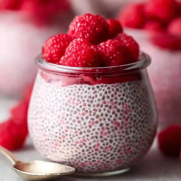 Raspberry chia pudding with maple syrup topped with fresh raspberries