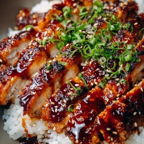 Plate of delicious Teriyaki Chicken garnished with green onions and sesame seeds.