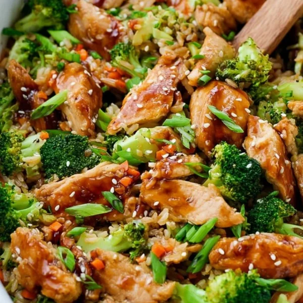 Delicious Teriyaki Chicken Casserole topped with green onions and sesame seeds