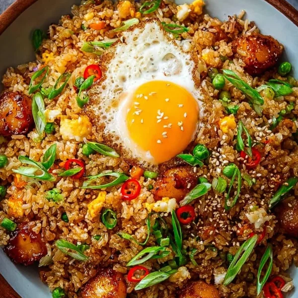 Plate of Bang Bang Fried Rice with colorful vegetables and spices.