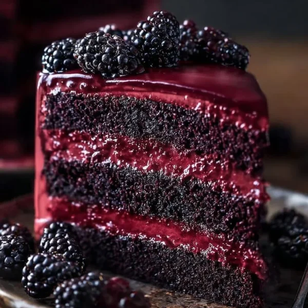 A decadent Blackberry Velvet Gothic Cake with rich layers and vibrant berry topping.