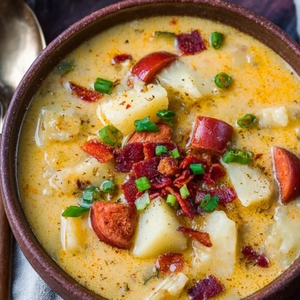 Bowl of flavorful Cajun Potato Soup garnished with herbs and spices