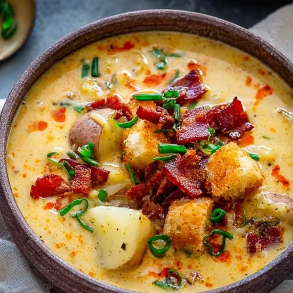 Bowl of delicious Cajun Potato Soup with spices and toppings