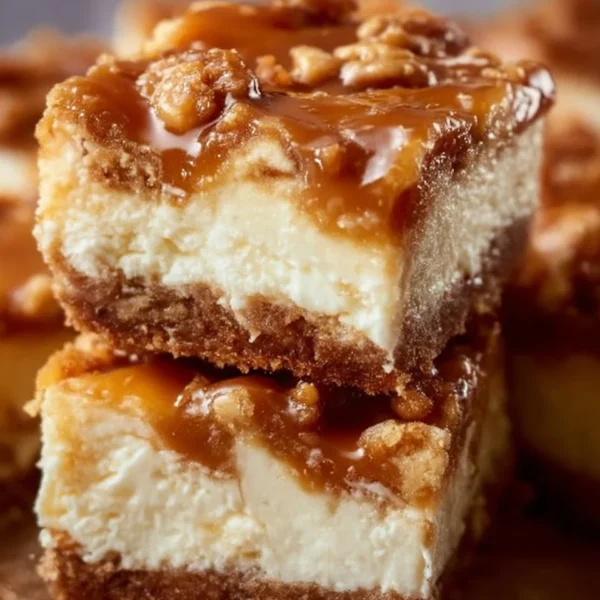 Delicious caramel apple cheesecake bars on a serving plate
