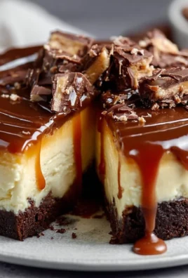 Delicious caramel brownie cheesecake topped with creamy caramel sauce