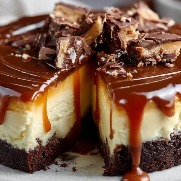 Delicious caramel brownie cheesecake topped with creamy caramel sauce