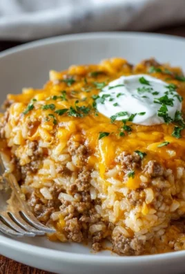 Cheesy ground beef and rice casserole in a baking dish