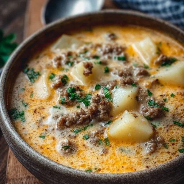 Bowl of cheesy hamburger potato soup garnished with herbs.