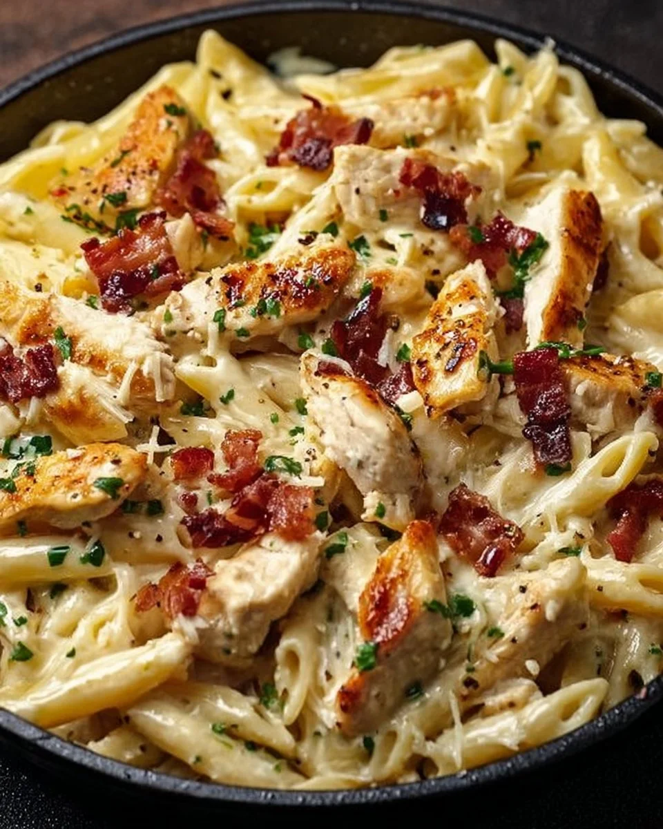 Delicious Chicken Bacon Ranch Pasta in a creamy sauce with crispy bacon