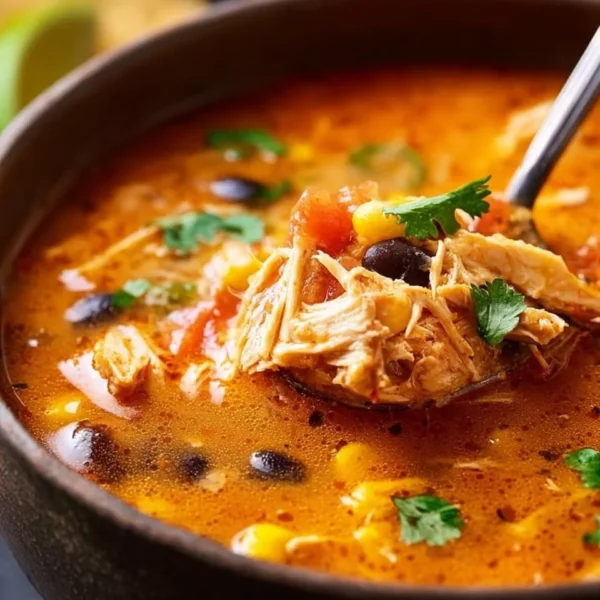 Bowl of Classic Chicken Tortilla Soup topped with crispy tortilla strips