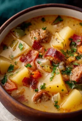 Bowl of hearty crockpot potato soup with sausage topped with herbs
