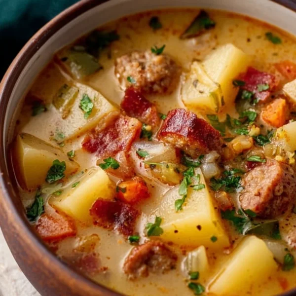 Bowl of hearty crockpot potato soup with sausage topped with herbs