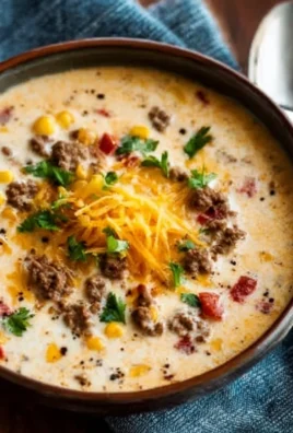 Bowl of creamy Cowboy Soup garnished with herbs and vegetables
