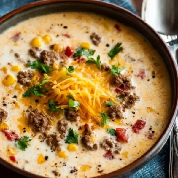 Bowl of creamy Cowboy Soup garnished with herbs and vegetables