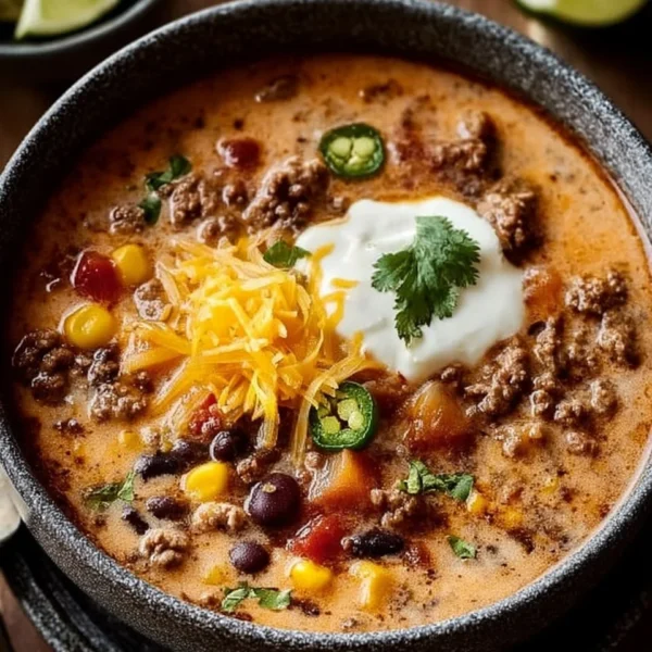 Bowl of creamy Cowboy Soup garnished with herbs and served with bread