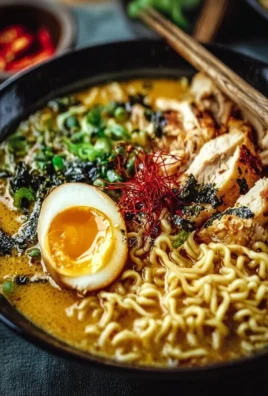 Bowl of creamy garlic chicken ramen garnished with fresh herbs