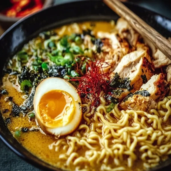 Bowl of creamy garlic chicken ramen garnished with fresh herbs