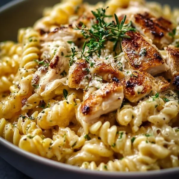 Creamy rotisserie chicken pasta dish garnished with herbs