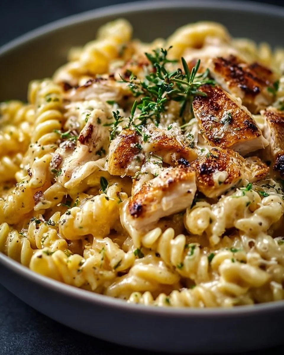 Creamy rotisserie chicken pasta dish garnished with herbs