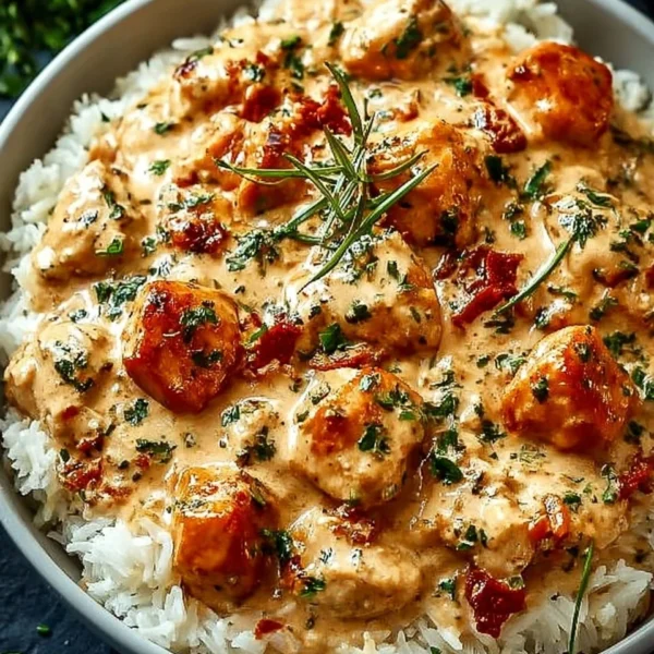 Creamy Smothered Chicken served with rice garnished with herbs