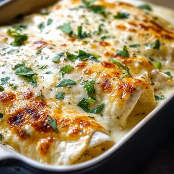 Creamy white chicken enchiladas topped with cheese and garnished with cilantro