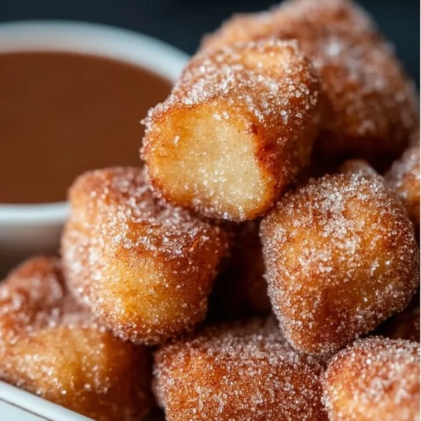 Delicious crispy air fryer churro bites served with chocolate sauce