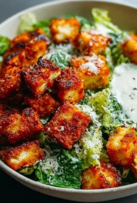 Crispy Buffalo Tofu Caesar Salad topped with crunchy croutons and creamy dressing