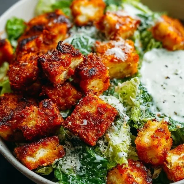 Crispy Buffalo Tofu Caesar Salad topped with crunchy croutons and creamy dressing