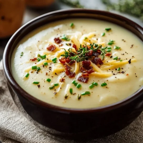 Delicious crockpot potato soup recipe card with creamy ingredients