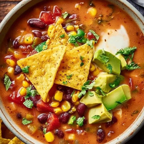 Bowl of Crockpot Vegetarian Tortilla Soup topped with avocado and tortilla strips