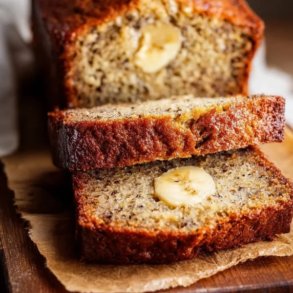 Sliced easy moist banana bread with ripe bananas on a wooden table