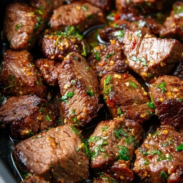 Delicious garlic butter steak bites served on a plate with herbs