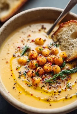 Delicious bowl of Garlic Chickpea Soup topped with herbs and spices.