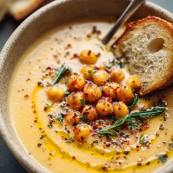 Delicious bowl of Garlic Chickpea Soup topped with herbs and spices.