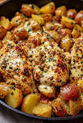 Garlic Parmesan Chicken and Potatoes Skillet dish served in a skillet