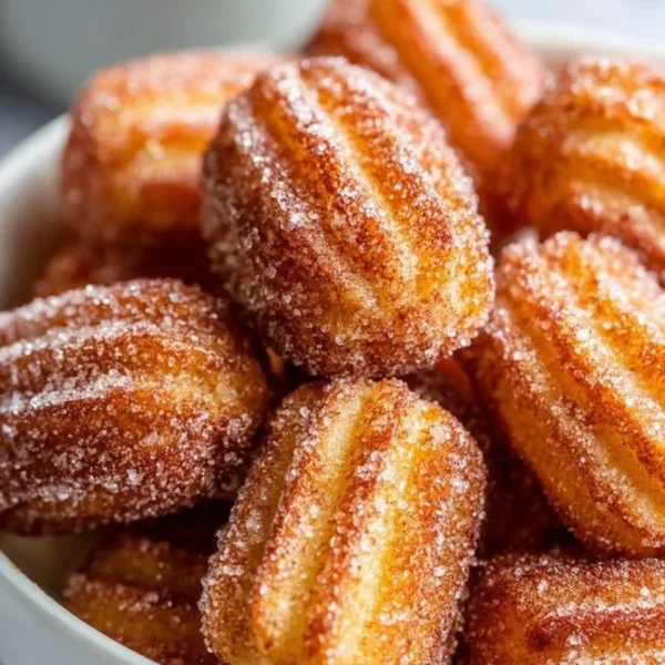 Healthy baked churro bites coated with cinnamon sugar, served on a plate.